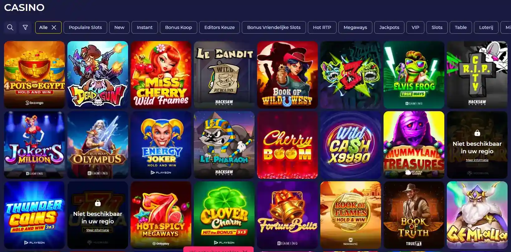 Actuele Spinorhino spellobby met categorieën voor slots en live casino