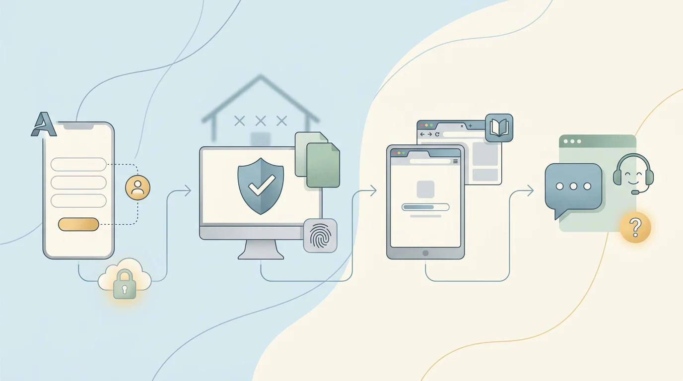 Illustratie van registratie, accountcontrole, KYC, mobiel browsergebruik en support zonder echte documenten of casino-interface