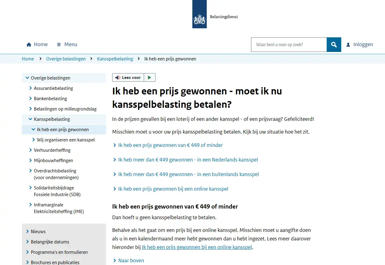 Belastingdienst-pagina over online kansspelen zonder Nederlandse Ksa-vergunning en het belastingtarief voor 2026