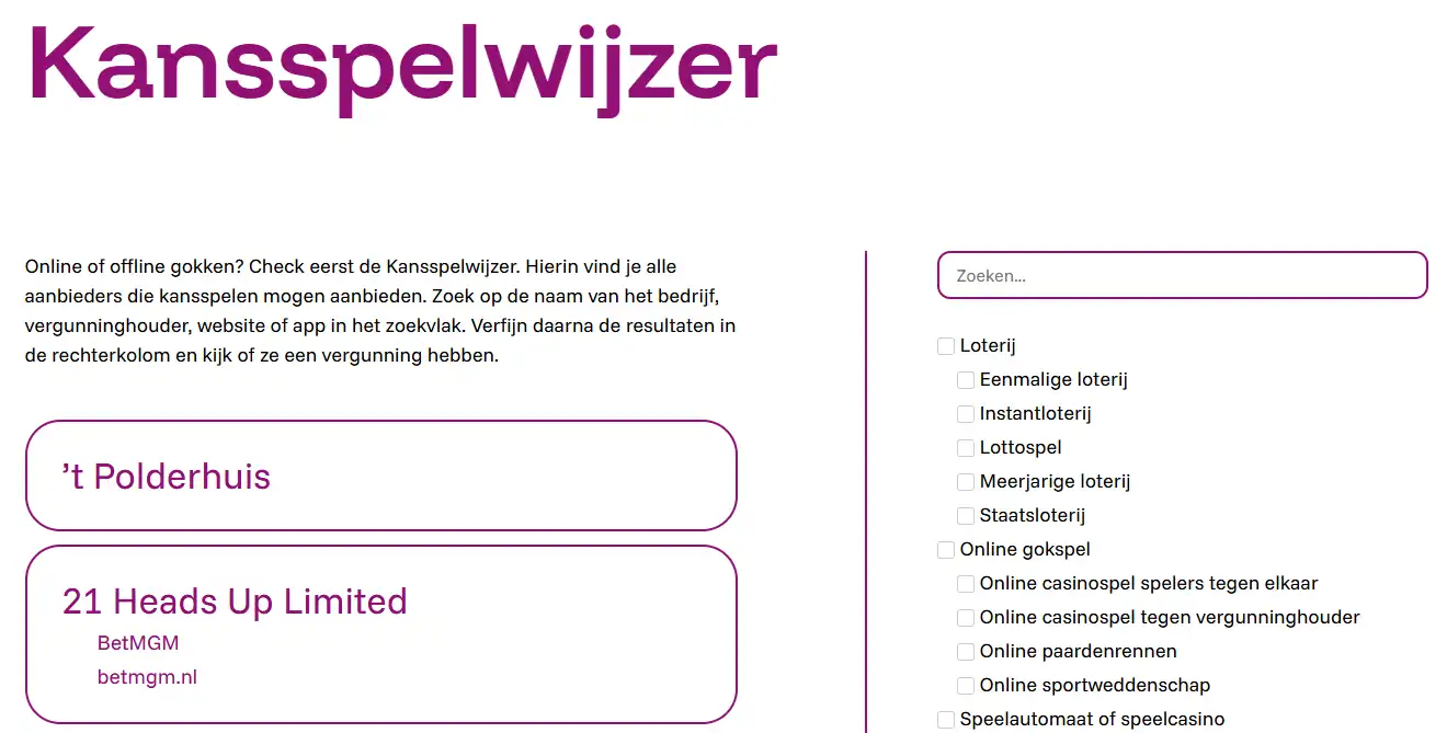 Nederlandse Kansspelwijzer met zoekcontext voor Spinorhino en de actuele resultaatstatus