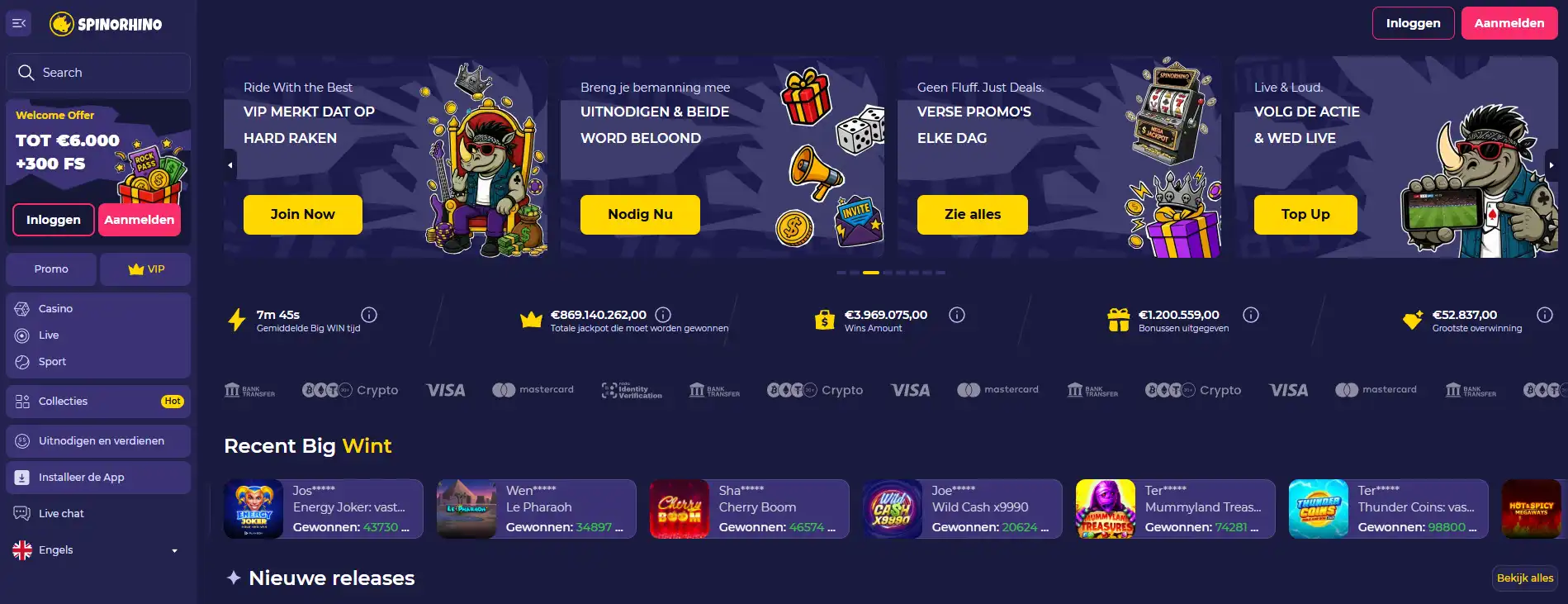 Spinorhino homepage of casino-lobby met herkenbare merkinterface